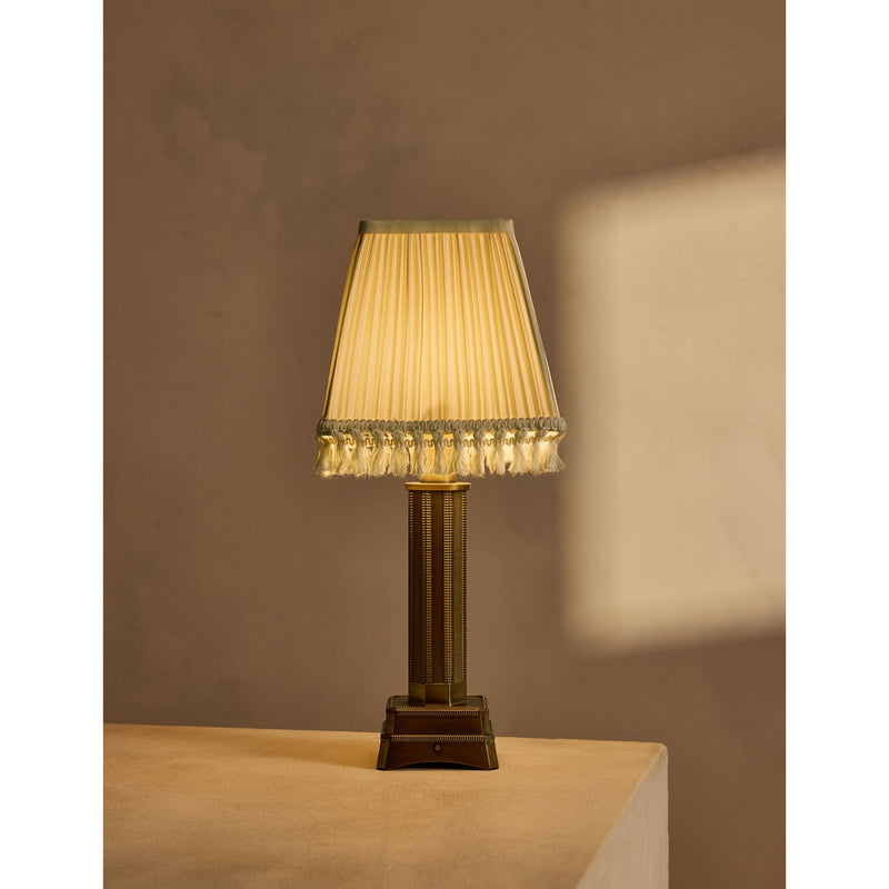 Soho style portable brass lamp with linen shade (British brand)