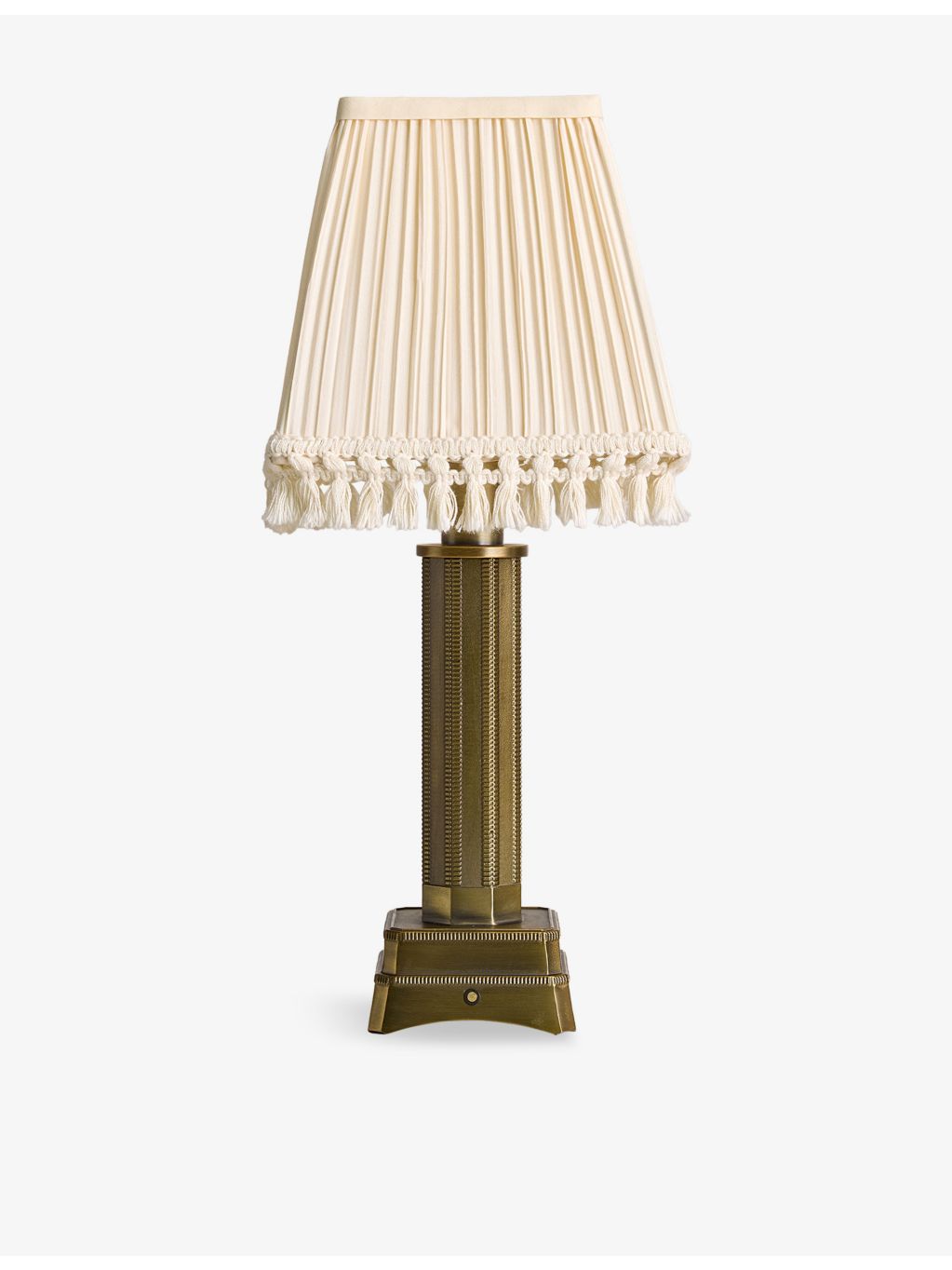 Soho style portable brass lamp with linen shade (British brand)