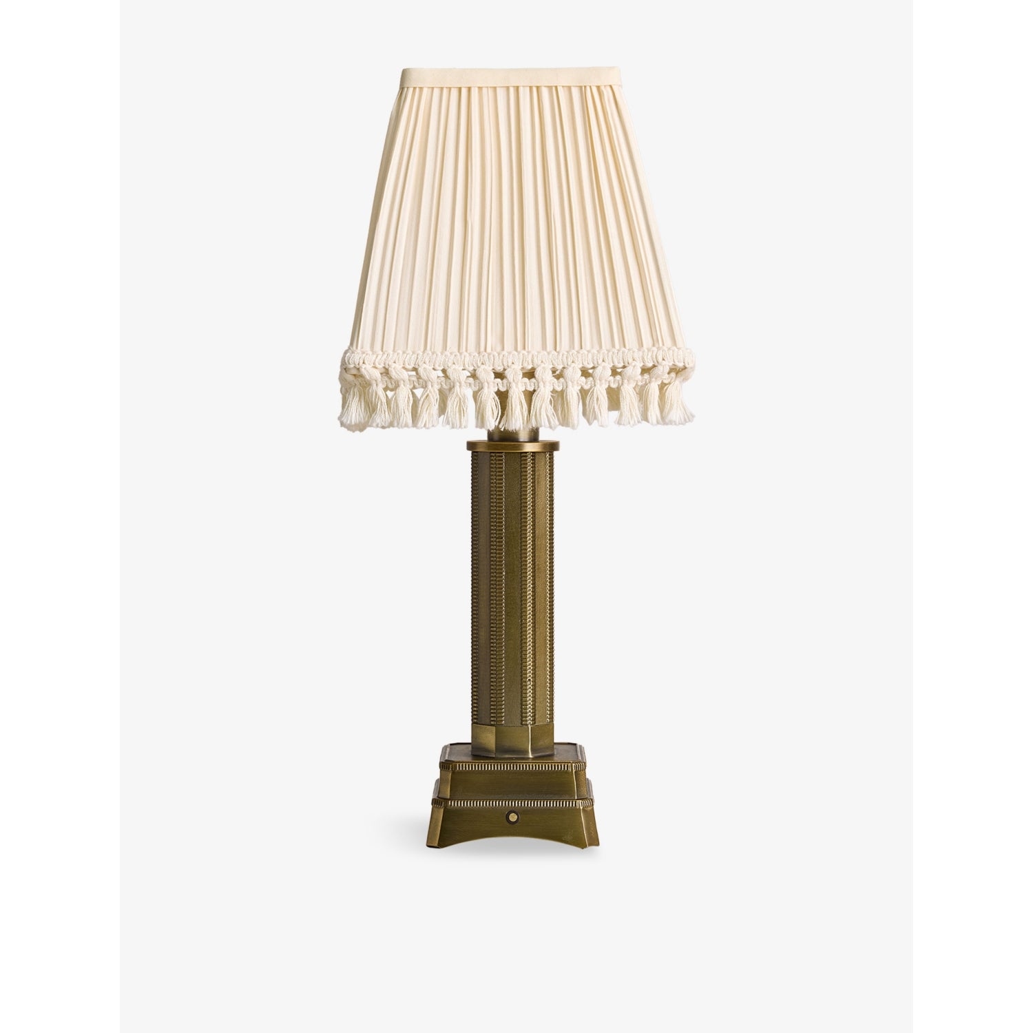 Soho style portable brass lamp with linen shade (British brand)