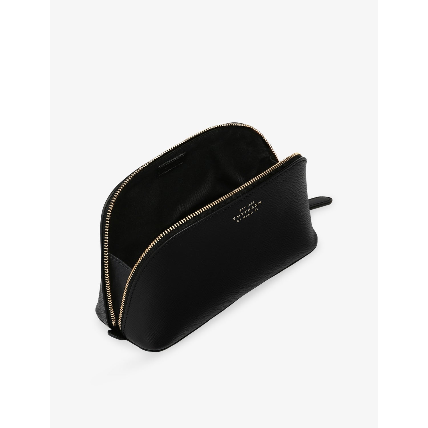 Smythson leather cosmetic case with gold-tone branding (British brand)