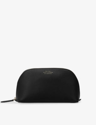 Smythson leather cosmetic case with gold-tone branding (British brand)