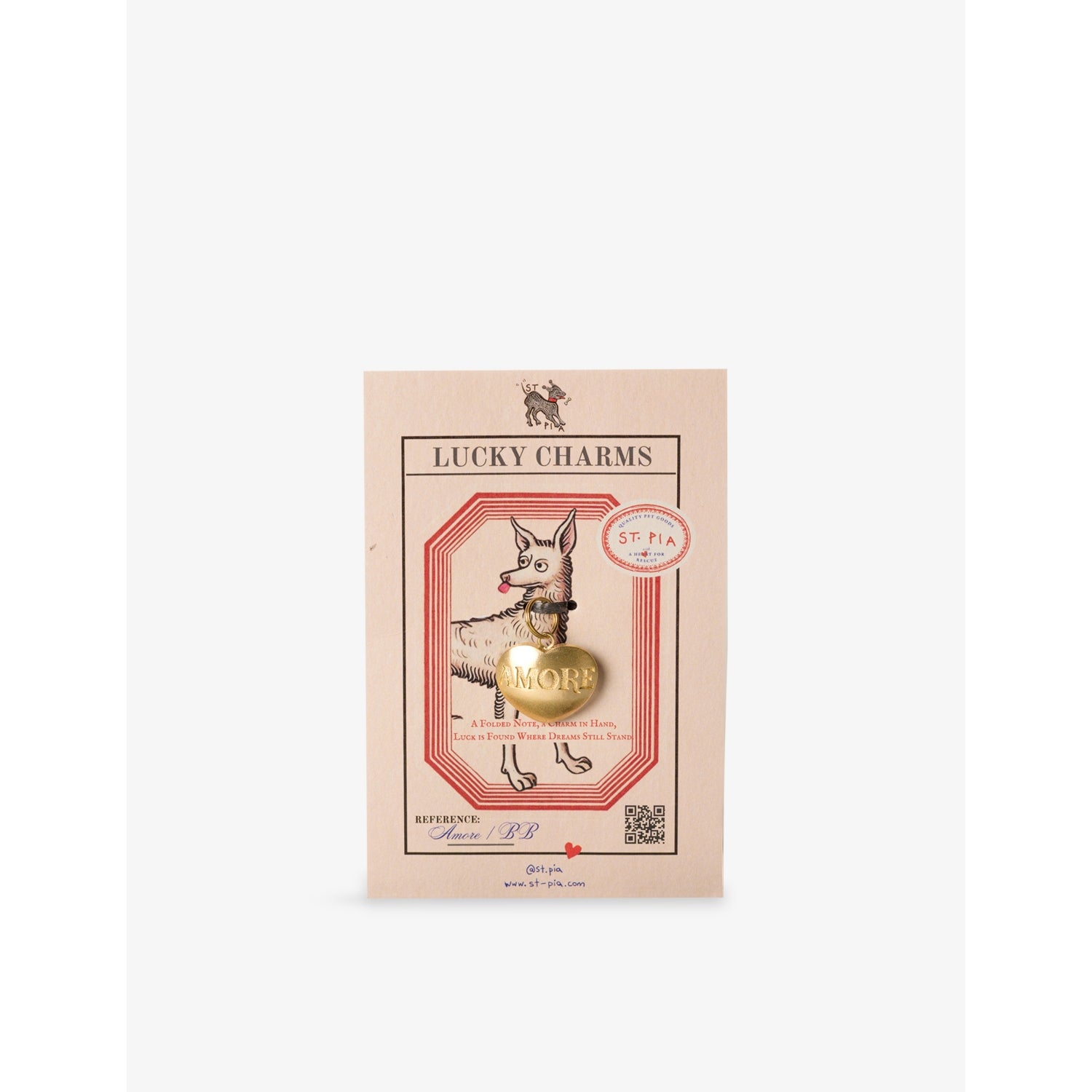 St. Pia heart-shaped brass charm with amore lettering (British brand)