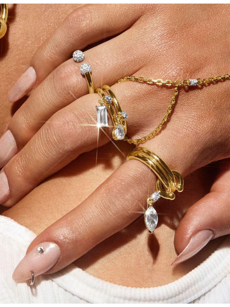 Phoria emerald-cut white topaz drop ring in 18ct gold vermeil - British product