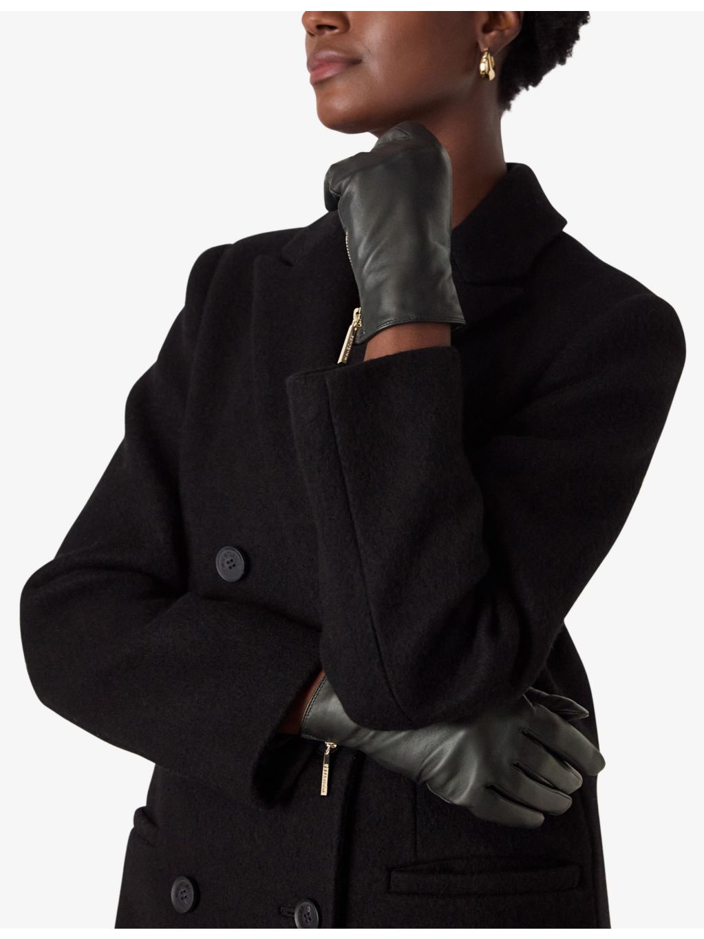Whistles zipped leather gloves with gold-tone hardware, UK version
