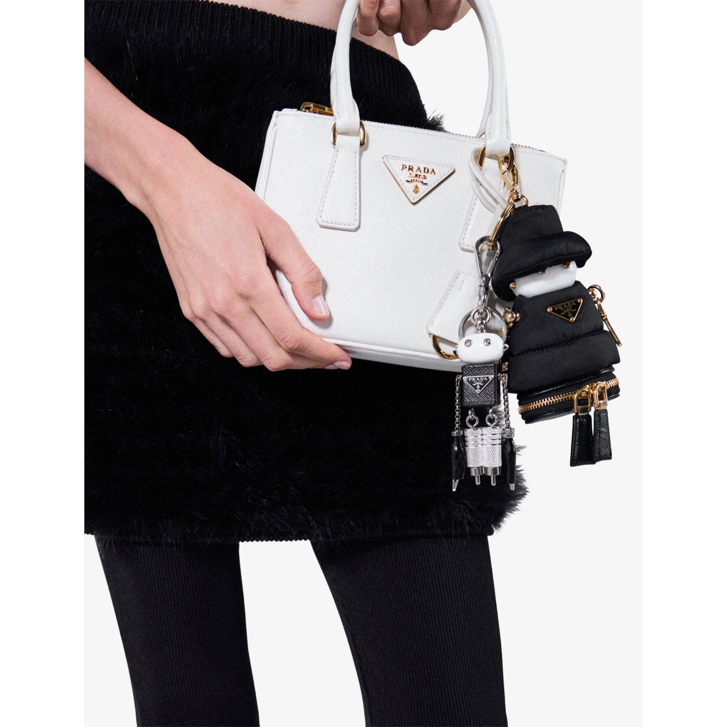 Prada robot bag charm in Saffiano leather, imported from the UK