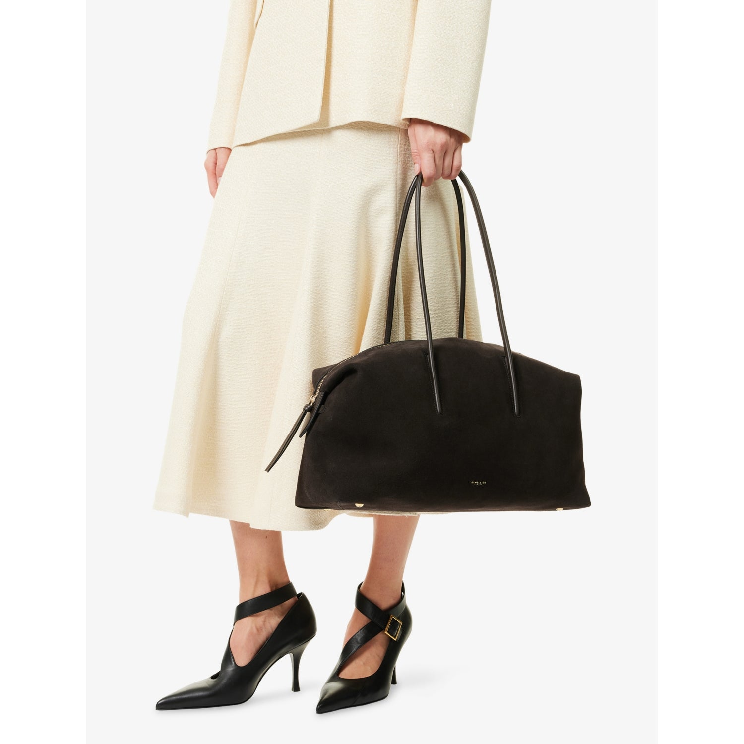Demellier Stockholm suede shoulder handbag with rolled handles, imported from the UK