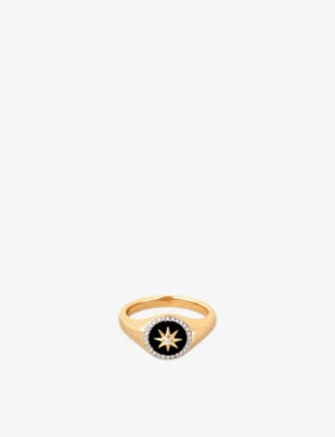 Astrid & Miyu Star 18ct Yellow Gold Plated Cubic Zirconia and Agate Signet Ring
