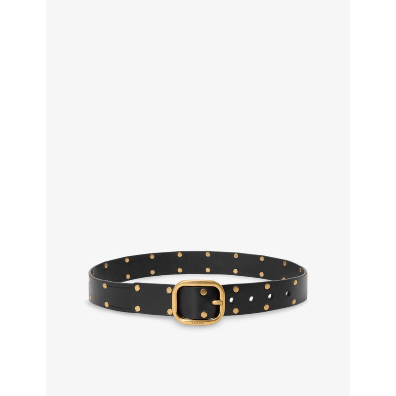 Rounded-Buckle Stud-Embellished Leather Belt - 28