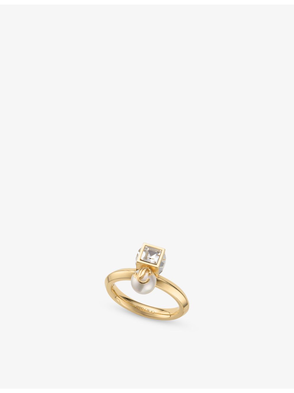 Jimmy Choo JC Pearl Cube brass ring featuring crystal, UK version