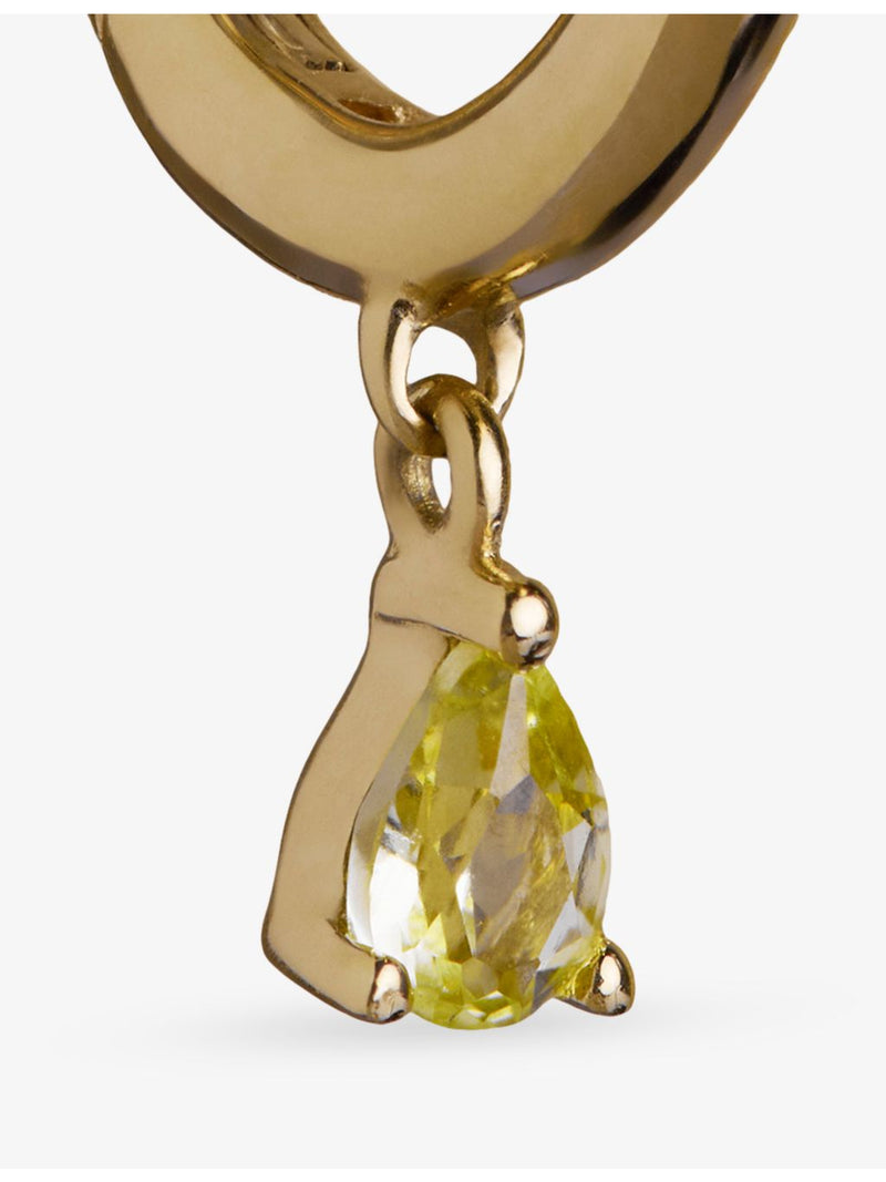 Astrid & Miyu yellow gold sapphire drop huggies, imported from the UK
