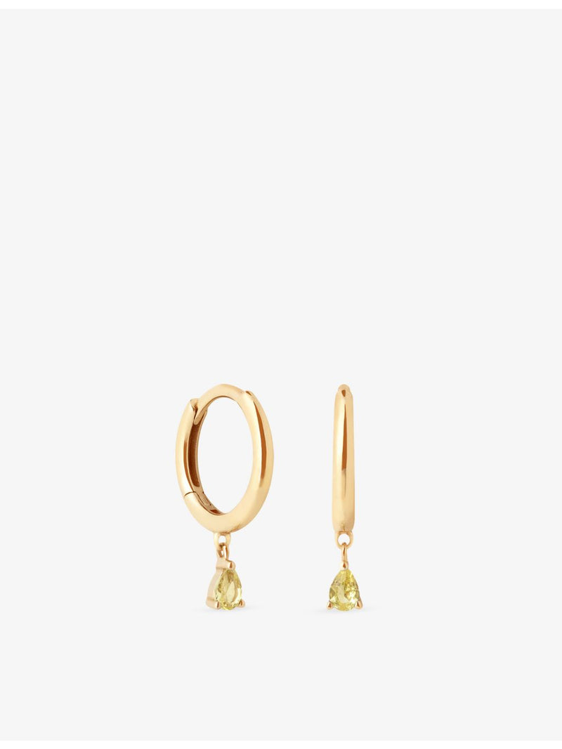Astrid & Miyu yellow gold sapphire drop huggies, imported from the UK