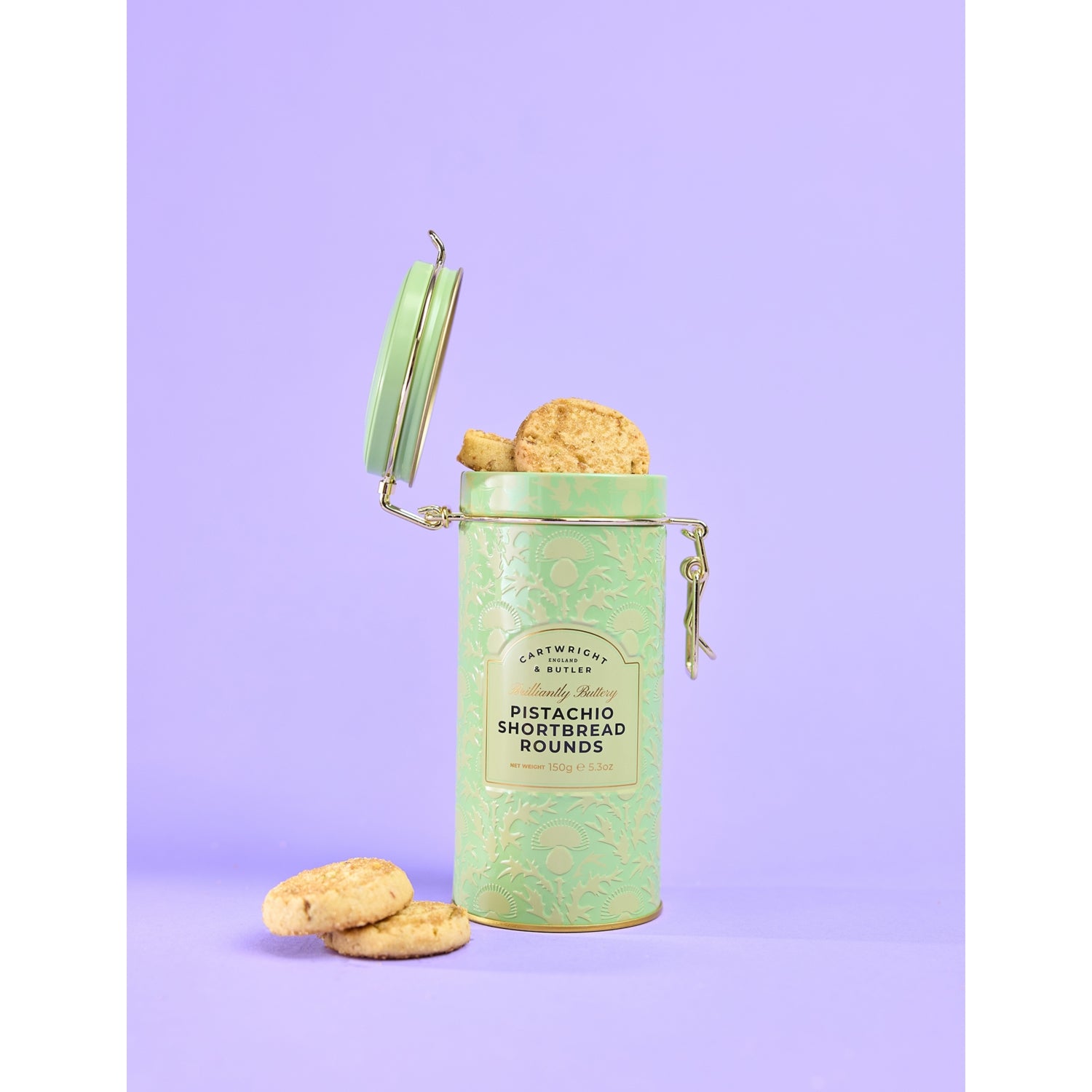 Cartwright and Butler pistachio shortbread tin 150g, imported from the UK