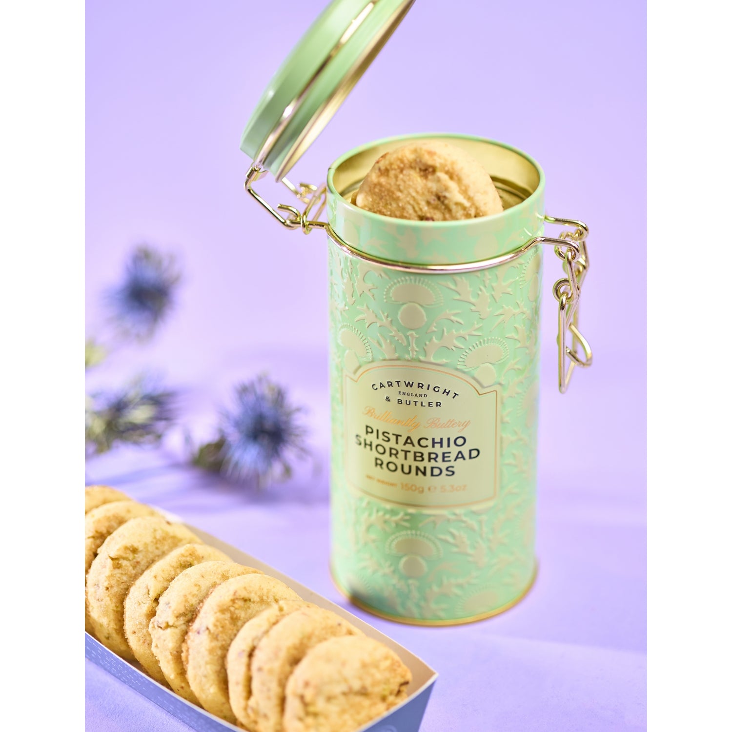 Cartwright and Butler pistachio shortbread tin 150g, imported from the UK
