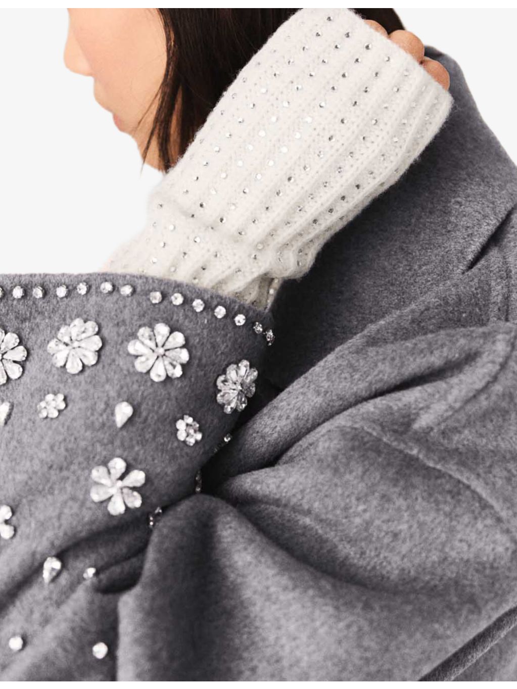 Maje fingerless wool mittens with rhinestone embellishment, imported from the UK