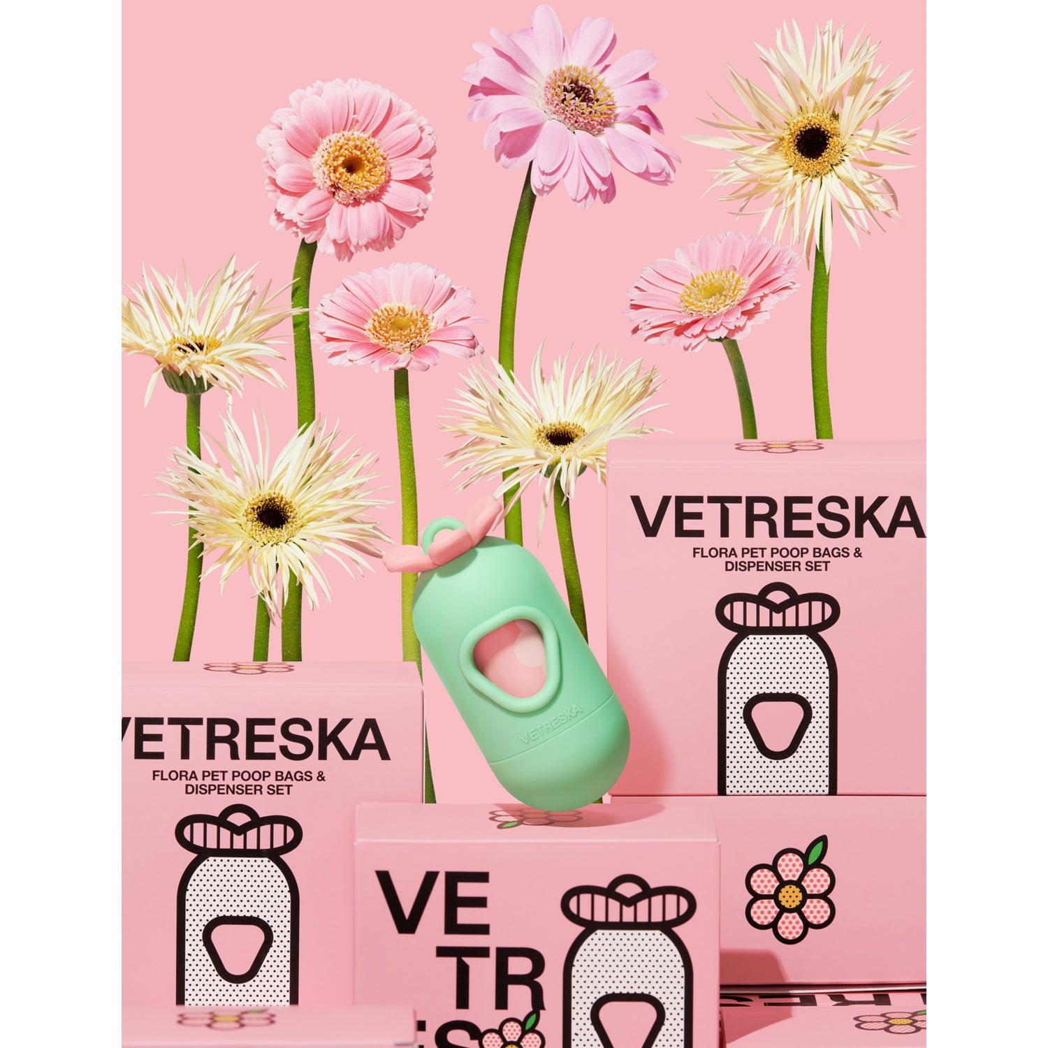 Vetreska Flora pet waste bag dispenser set with 15 bags - British product