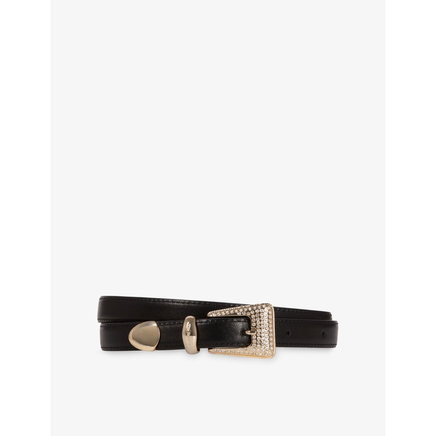 Rhinestone-Embellished Western Buckle Leather Belt - XS
