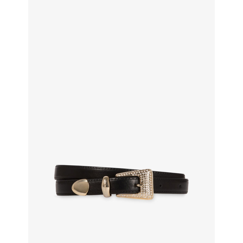 Rhinestone-Embellished Western Buckle Leather Belt - XS