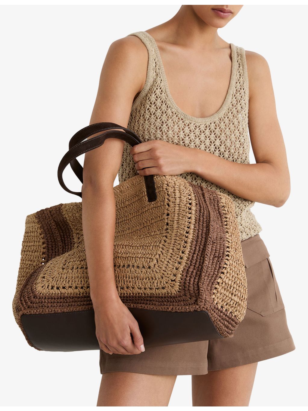 Reiss two-tone raffia tote bag, imported from the UK
