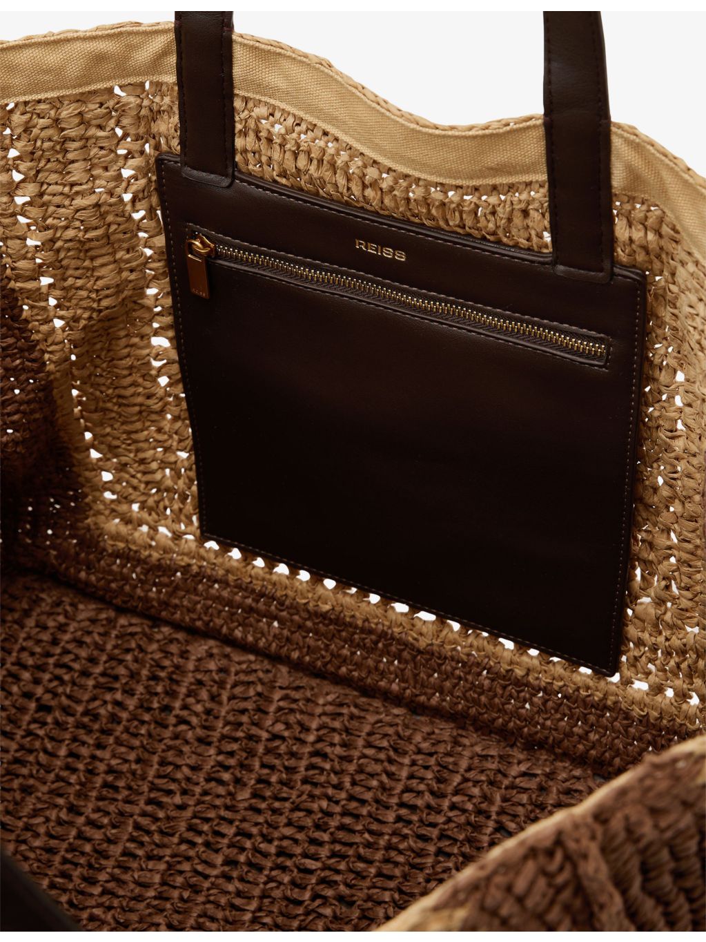 Reiss two-tone raffia tote bag, imported from the UK