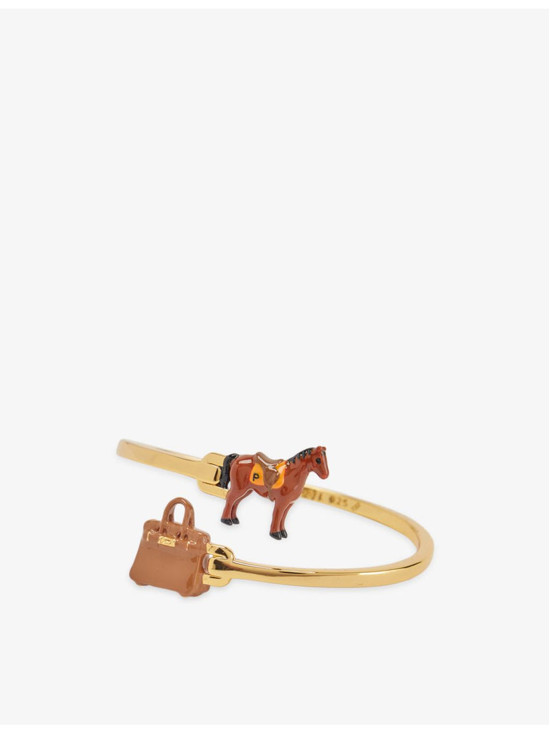 Poubel 14ct gold-plated sterling-silver enamelled bangle with horse bag charms (British brand)