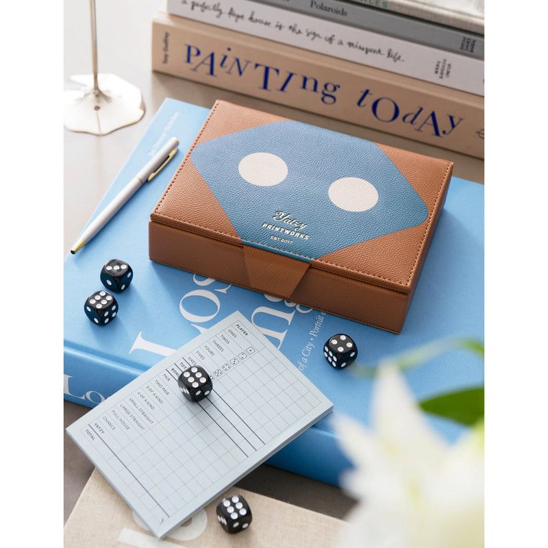 Reverra Yatzy game in vegan leather case with five dice - British product