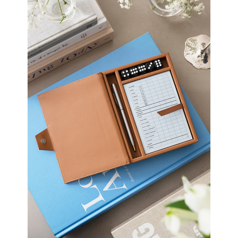 Reverra Yatzy game in vegan leather case with five dice - British product