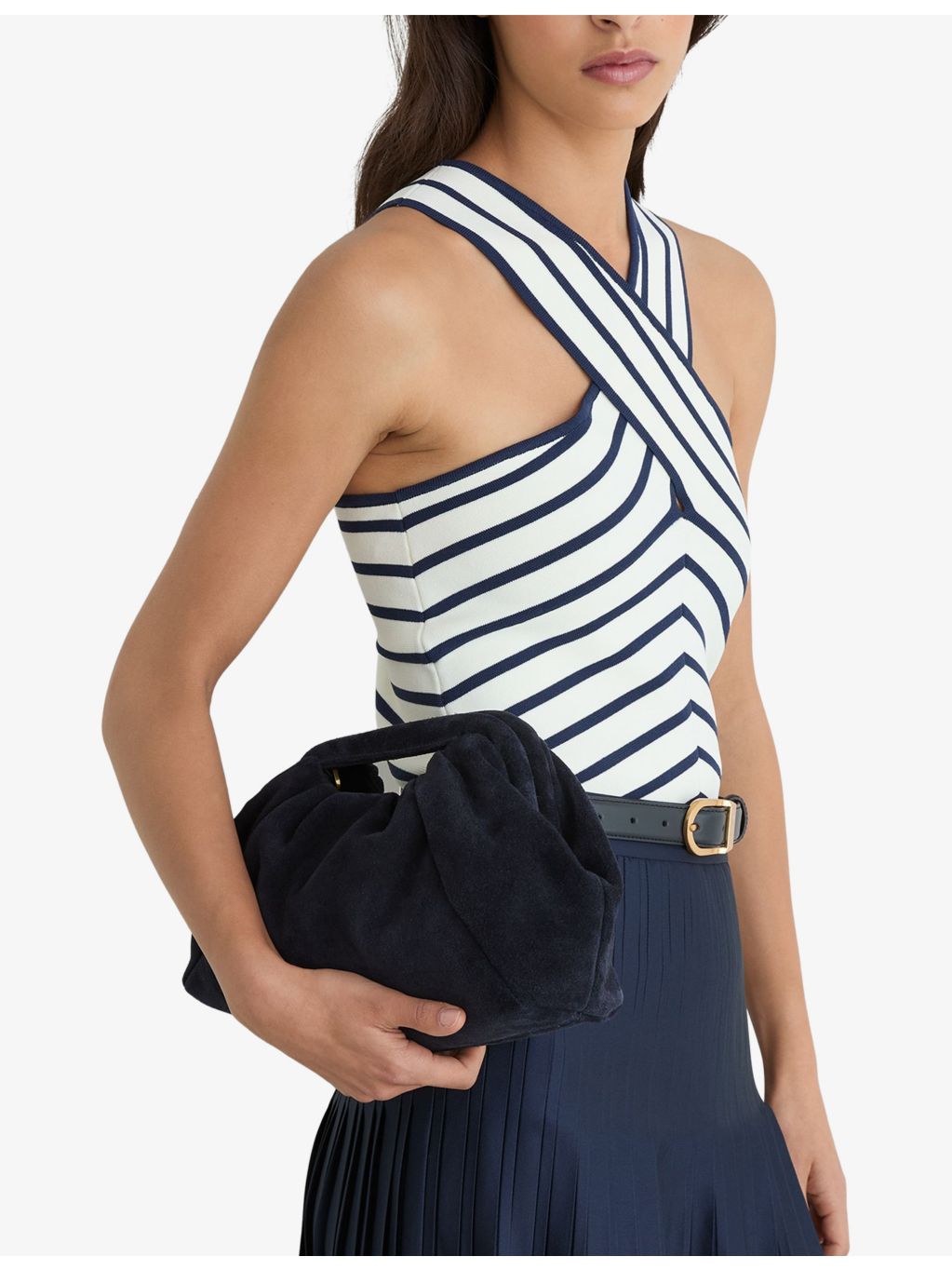 Reiss June suede clutch bag with chain strap, imported from the UK