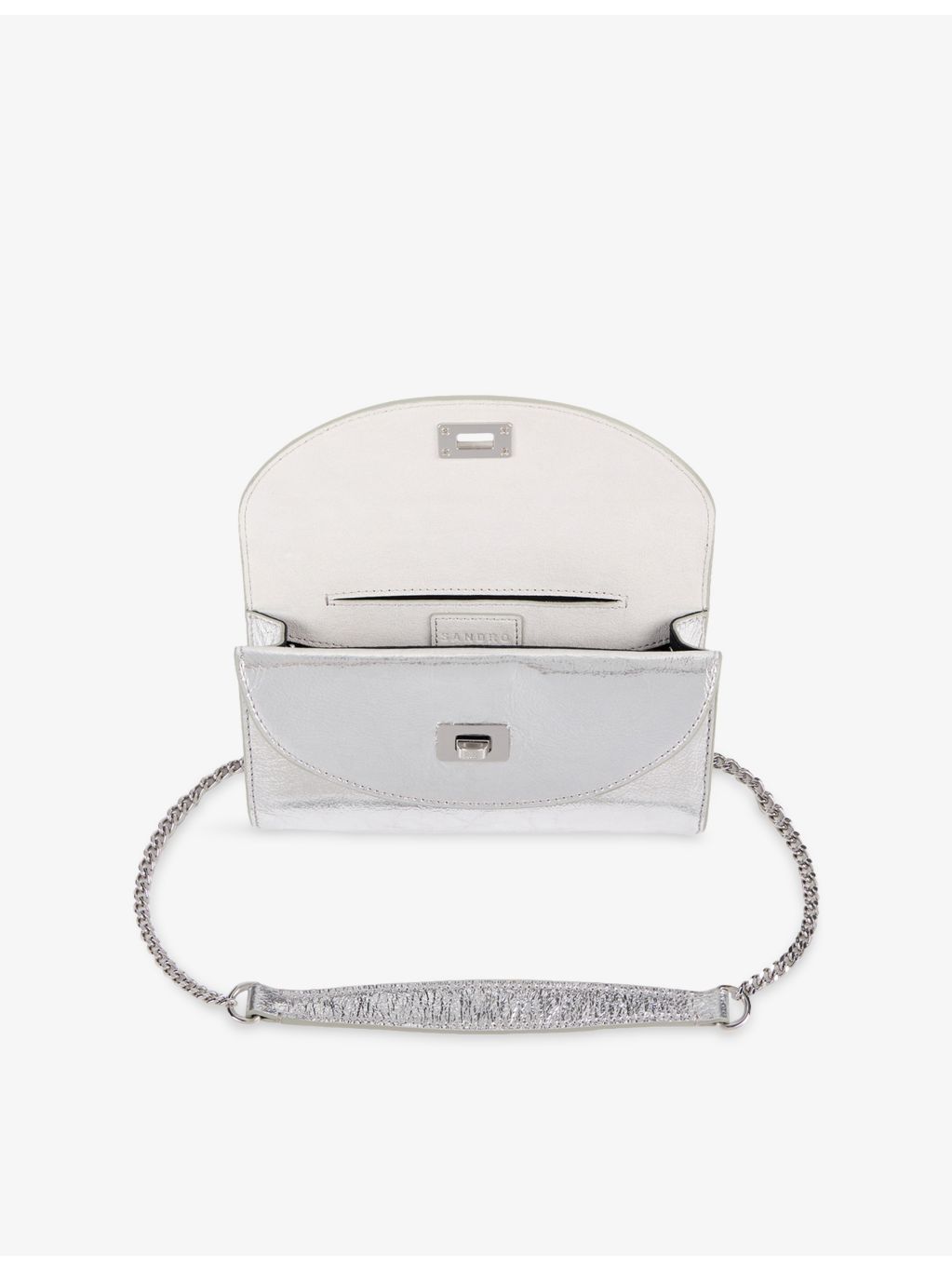 Sandro Mambo metallic-leather clutch bag with chain strap, UK version