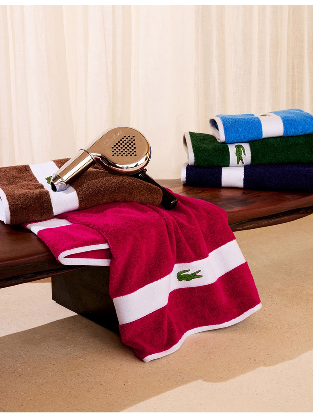 Lacoste cotton towel with woven stripe and crocodile logo - British product
