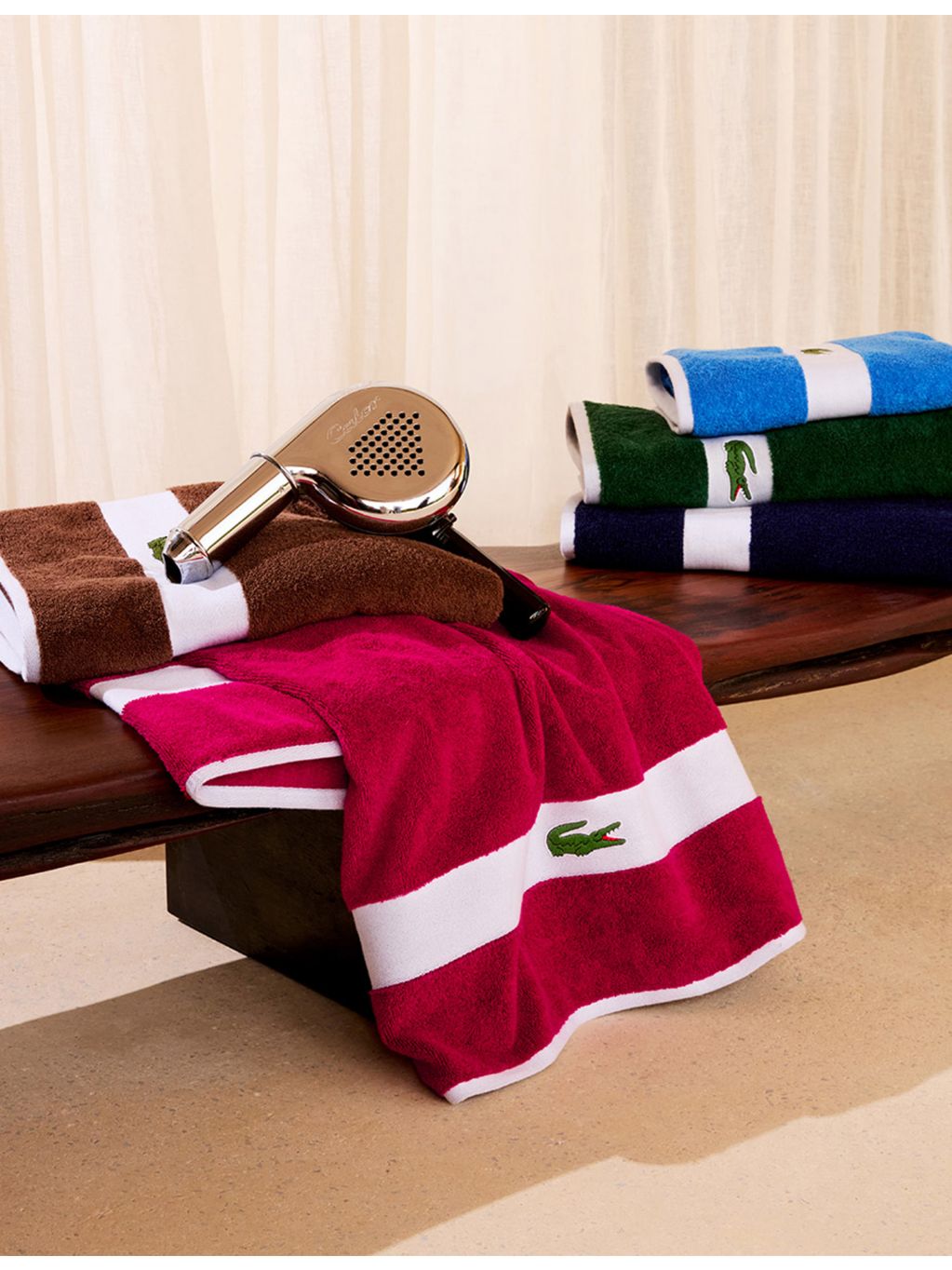 Lacoste cotton towel with woven stripe and crocodile logo - British product
