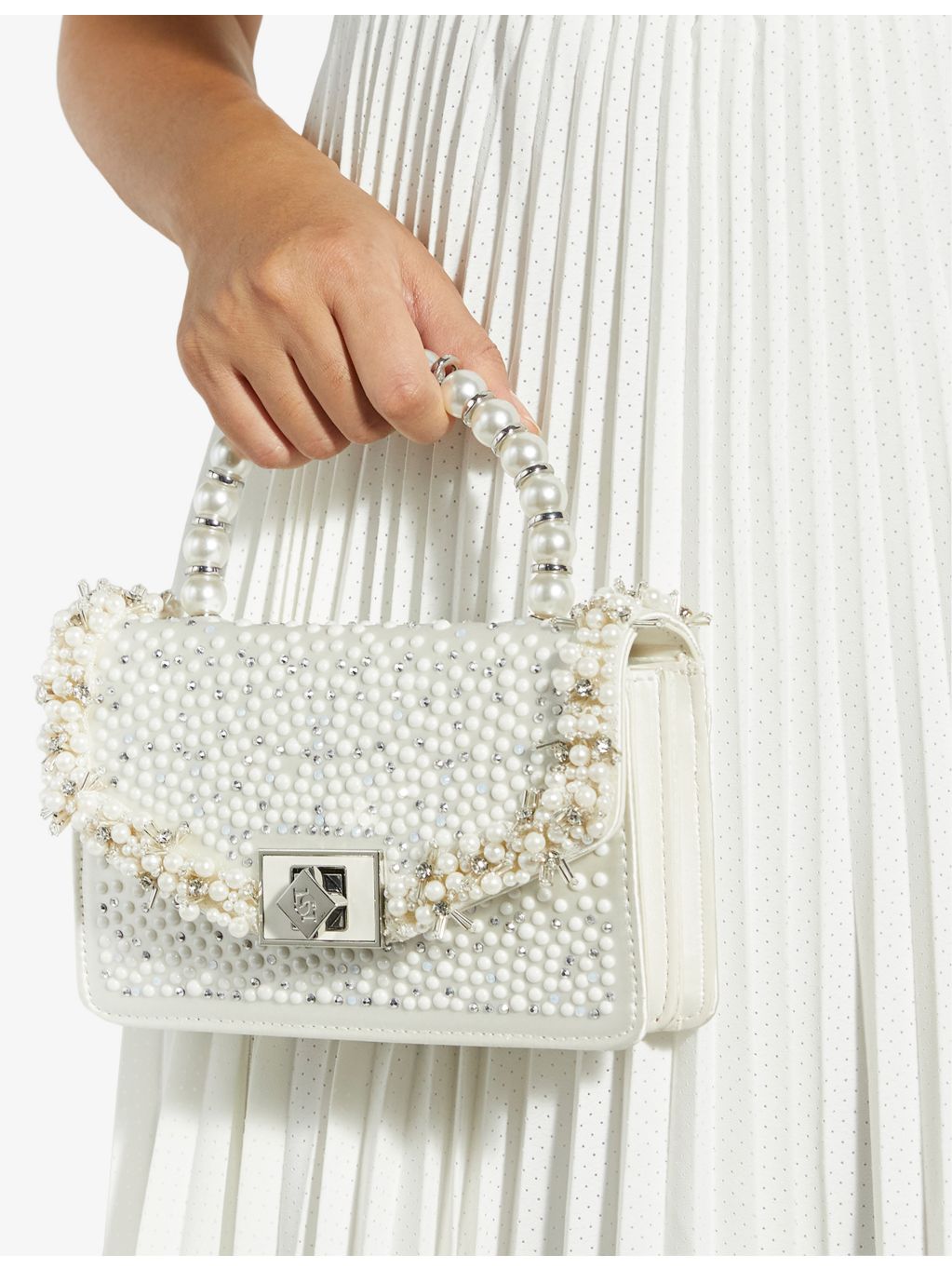 Dune woven top-handle bridesmaid bag with pearl embellishment (British brand)