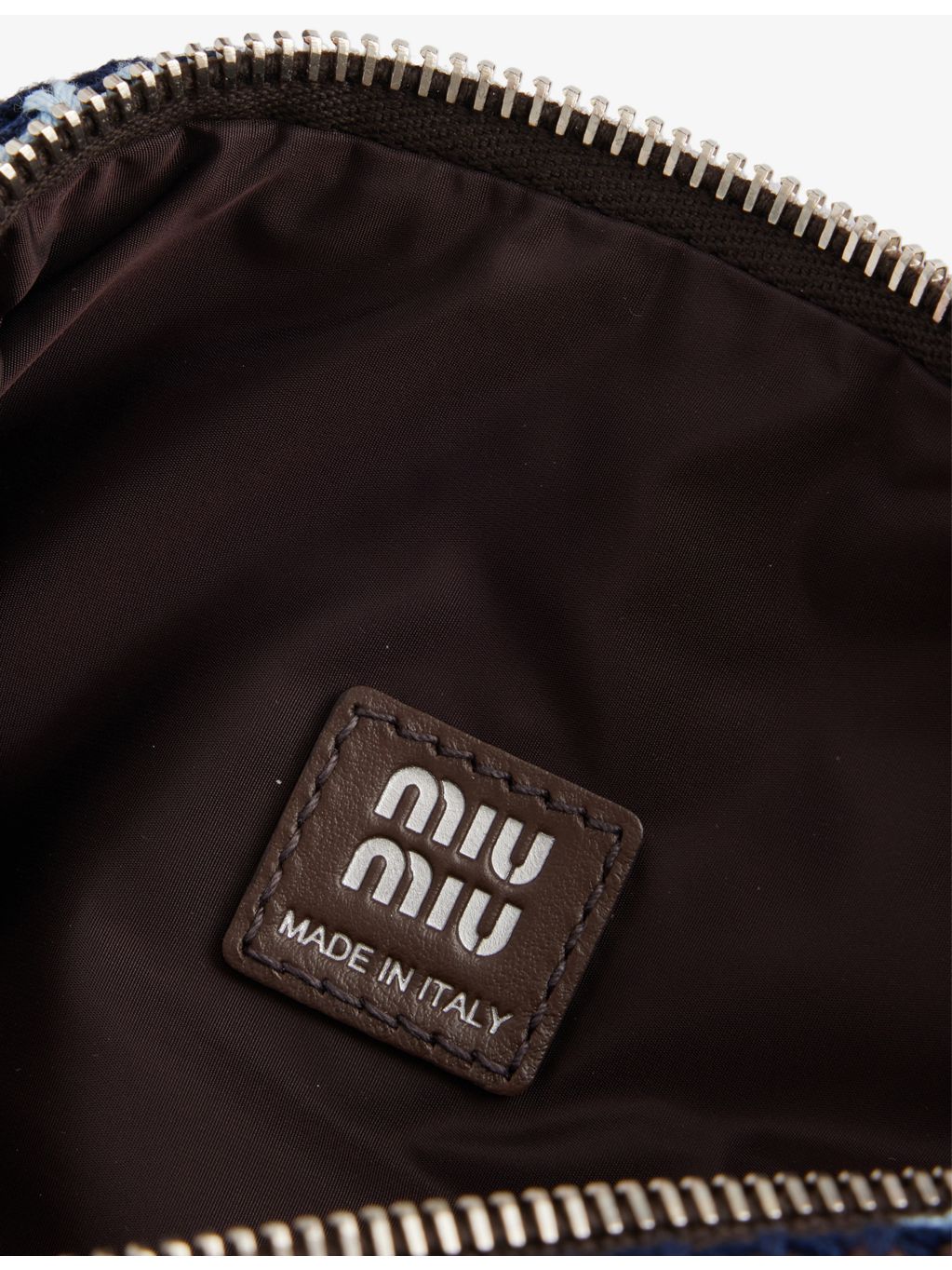 Miu Miu striped embroidered-logo cotton-crochet handbag, UK version