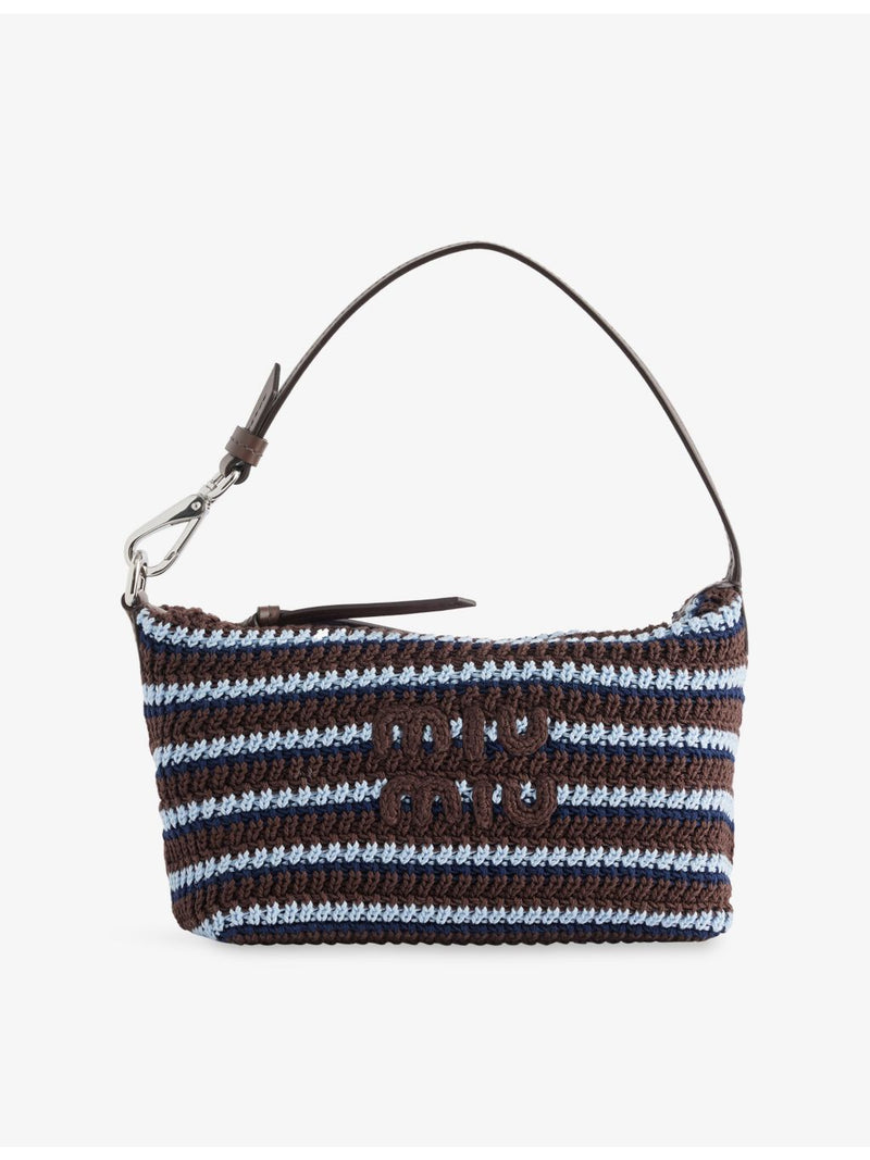 Miu Miu striped embroidered-logo cotton-crochet handbag, UK version