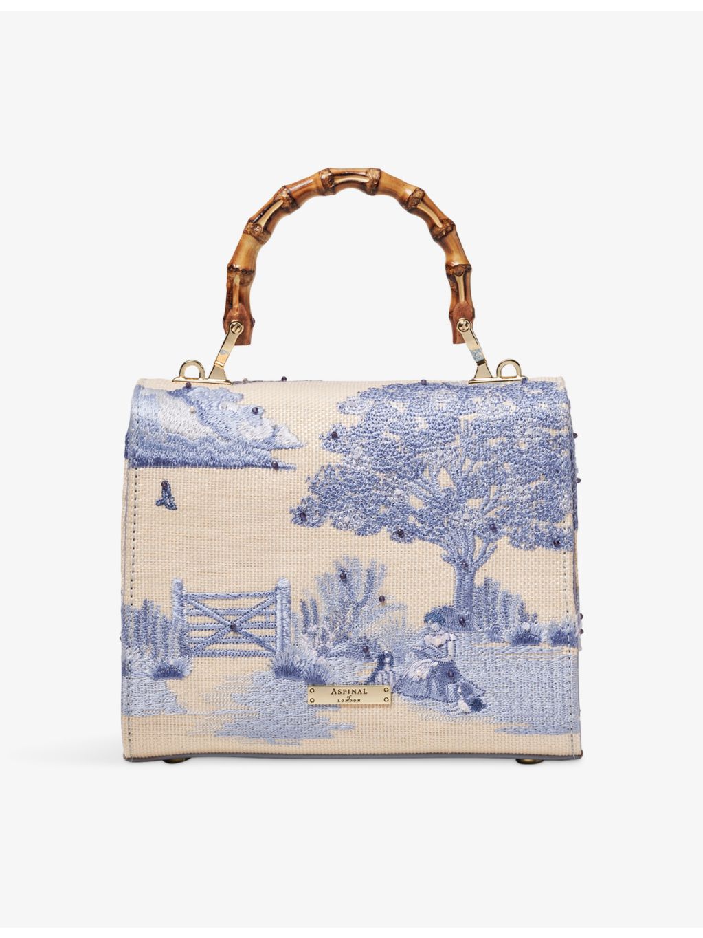 Aspinal of London Mayfair embroidered raffia mini bag, imported from the UK