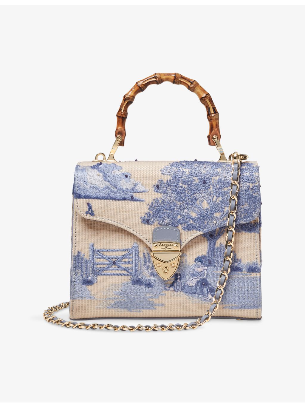 Aspinal of London Mayfair embroidered raffia mini bag, imported from the UK