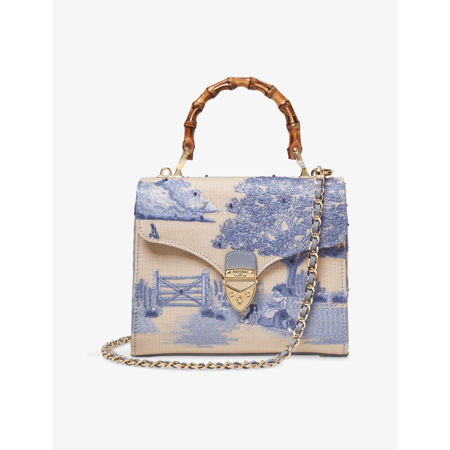 Aspinal of London Mayfair embroidered raffia mini bag, imported from the UK
