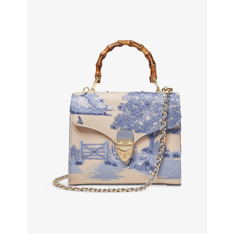Aspinal of London Mayfair embroidered raffia mini bag, imported from the UK