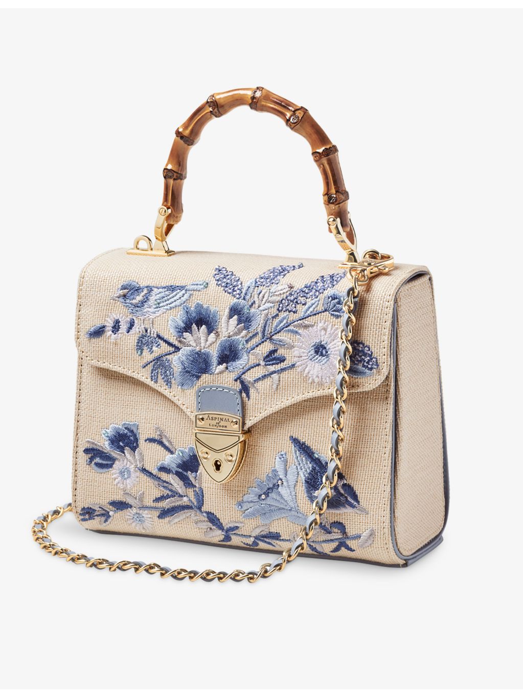 Aspinal of London Mayfair embroidered raffia midi bag (British brand)