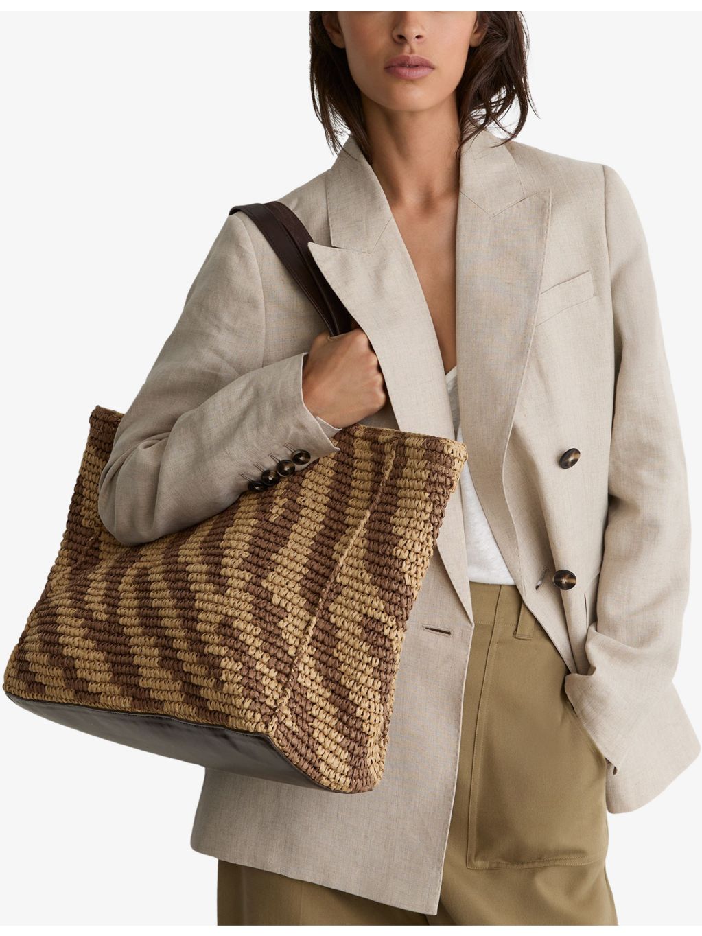 Reiss zebra-print raffia tote bag, imported from the UK