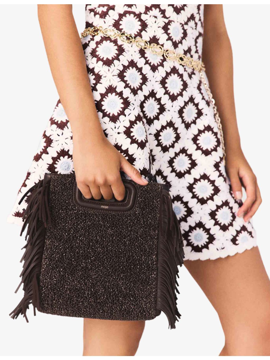 Maje fringed raffia shoulder bag with magnetic fastening - British product
