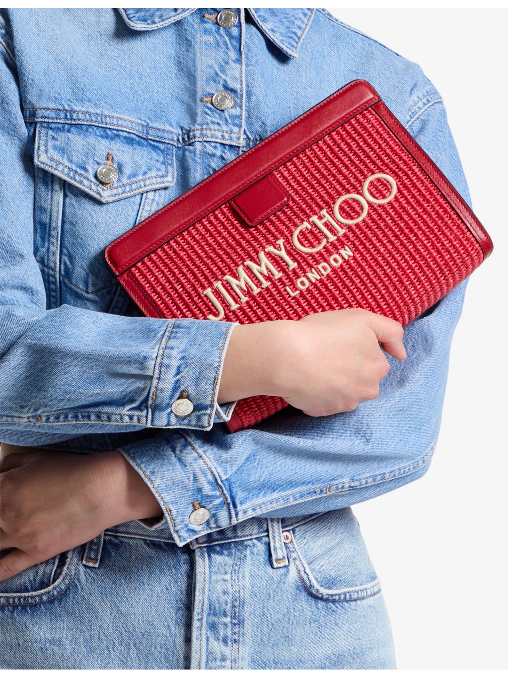 Jimmy Choo raffia and leather pouch with embroidered logo - British product
