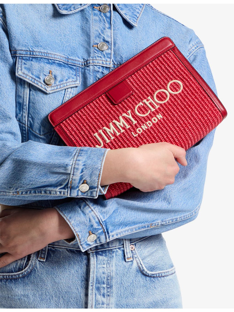 Jimmy Choo raffia and leather pouch with embroidered logo - British product