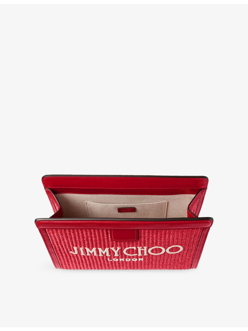 Jimmy Choo raffia and leather pouch with embroidered logo - British product