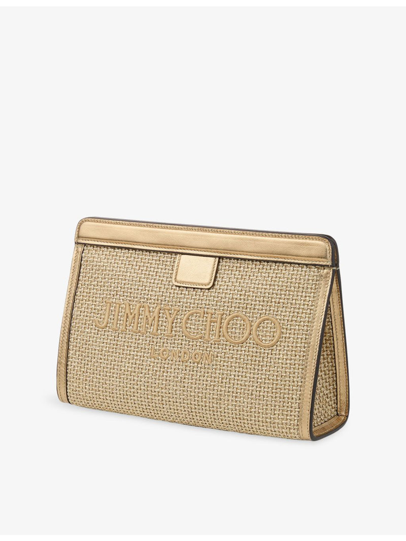Jimmy Choo embroidered-logo raffia pouch with leather trims, imported from the UK