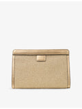 Jimmy Choo embroidered-logo raffia pouch with leather trims, imported from the UK