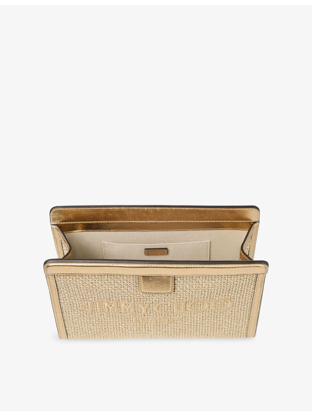 Jimmy Choo embroidered-logo raffia pouch with leather trims, imported from the UK