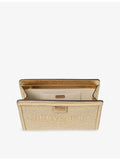 Jimmy Choo embroidered-logo raffia pouch with leather trims, imported from the UK