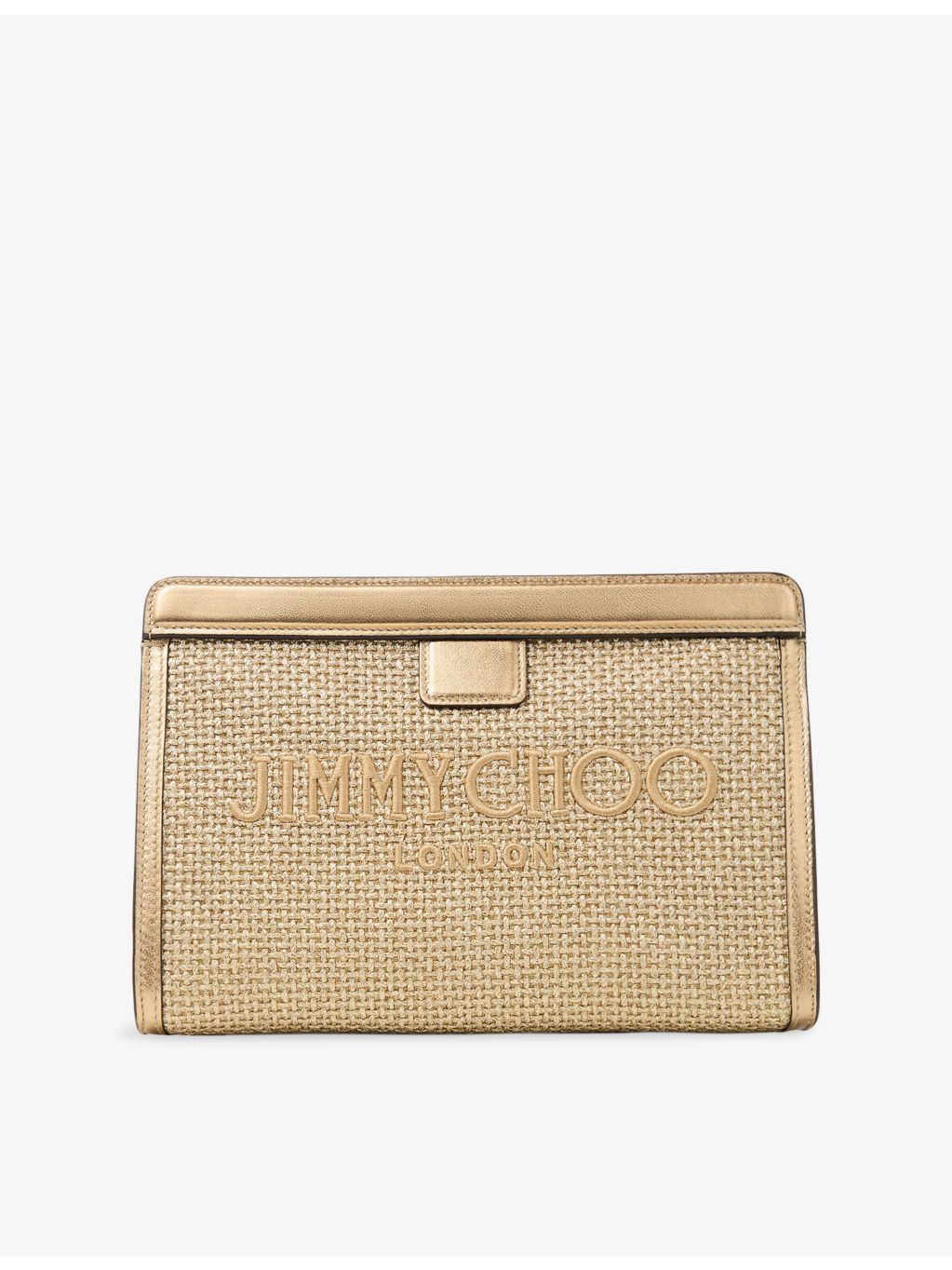 Jimmy Choo embroidered-logo raffia pouch with leather trims, imported from the UK