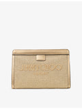 Jimmy Choo embroidered-logo raffia pouch with leather trims, imported from the UK