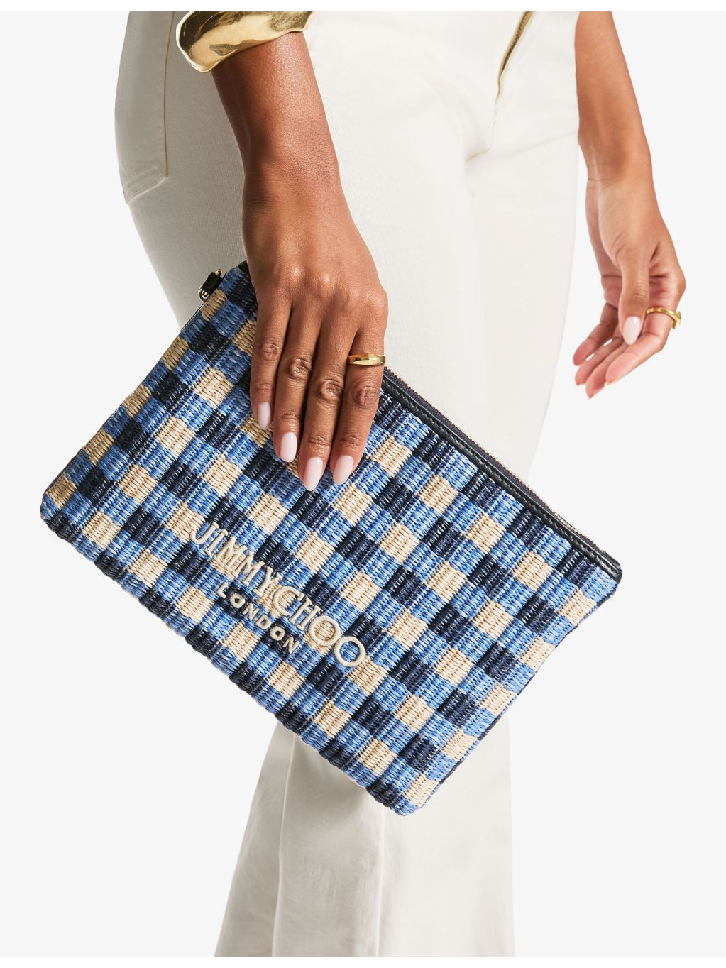 Jimmy Choo gingham raffia zipped pouch, imported from the UK